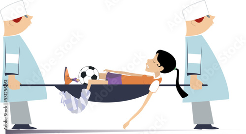 Injured football player woman, two physicians with a stretcher. 
Two physicians carry injured football player woman with bandage on the leg in a stretcher. Isolated on white background
