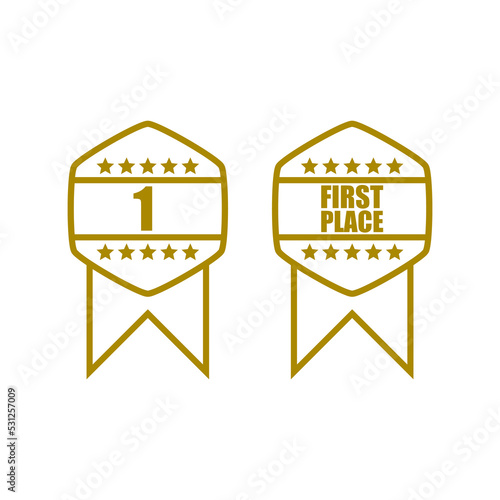 First place win gold badge icon. First place emblem icon isolated on white background