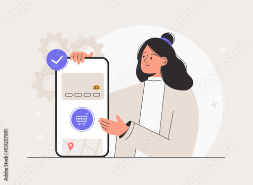 Online Payment concept, Woman doing purchase or buy online with application on smartphone. Order processed metaphors vector illustration.