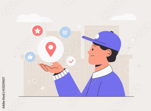 Online delivery service or delivery tracking mobile application. Delivery man holding icon location, city on background.
