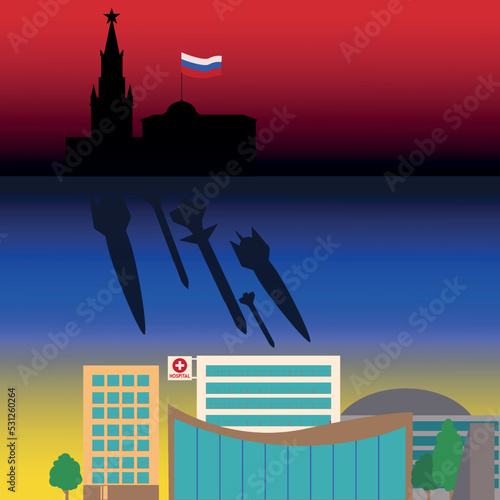 Moscow administrative building, the shadow from it turns into military missiles fly to the civilian urban infrastructure, Russian military aggression on Ukraine vector