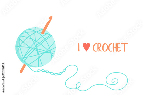 Vector illustration of teal blue yarn ball, crochet chain and crochet hook in simple style. Needlework pattern, knitting stuff. Isolated on white craft tools for your hobby like knitting and crochet.