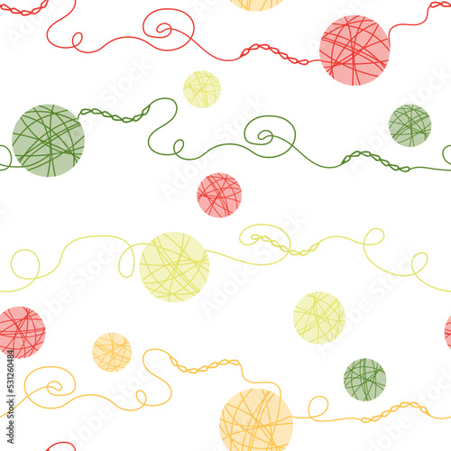 Seamless pattern with crochet chains and yarn balls. Vector vintage background for handcraft.