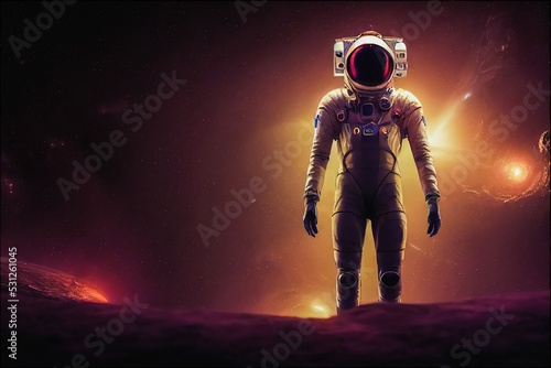 Astronaut doing space walk. Mars exploration. Front view of astronaut wearing space suit walking on a surface of a red planet.
