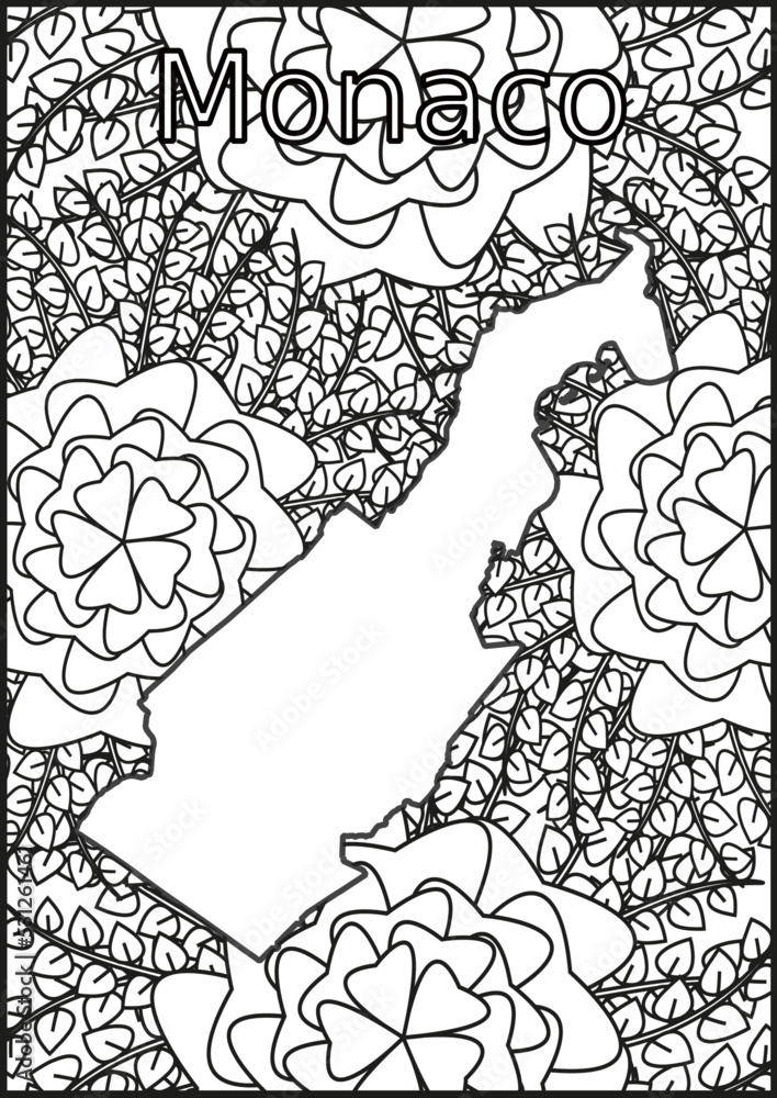Naklejka premium Schwarze und weiße Blume mit der Landkarte Monaco in der Mitte. Muster für Erwachsene Färbung Buch. Doodle floral Zeichnung. Kunsttherapie Färbung Seite