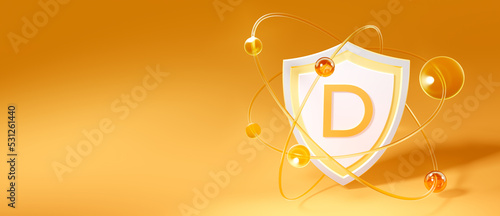vitamin d, the letter d on the shield and flying atoms. wide format, 3d rendering with copy space on orange background photo