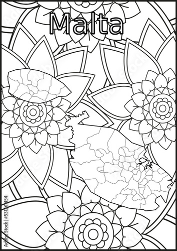 Schwarze und weiße Blume mit der Landkarte Malta in der Mitte. Muster für Erwachsene Färbung Buch. Doodle floral Zeichnung. Kunsttherapie Färbung Seite