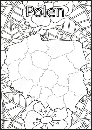 Schwarze und weiße Blume mit der Landkarte Polen in der Mitte. Muster für Erwachsene Färbung Buch. Doodle floral Zeichnung. Kunsttherapie Färbung Seite
