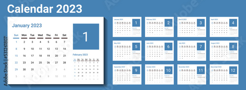 Template of Calendar 2023, calender 2023,or desk calendar 2023.calendars 2023 with blue as main color. Week start on Sunday and Sunday as weekend. Calender planner 2023.