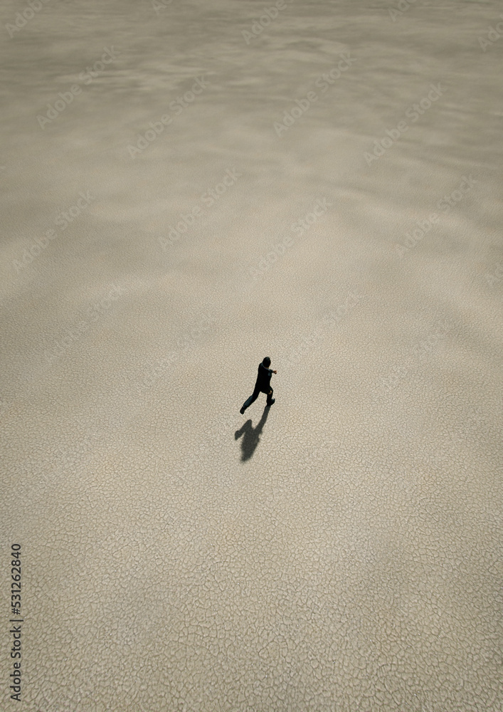 Man in black suit runs in desert. Aerial view. 3D render.