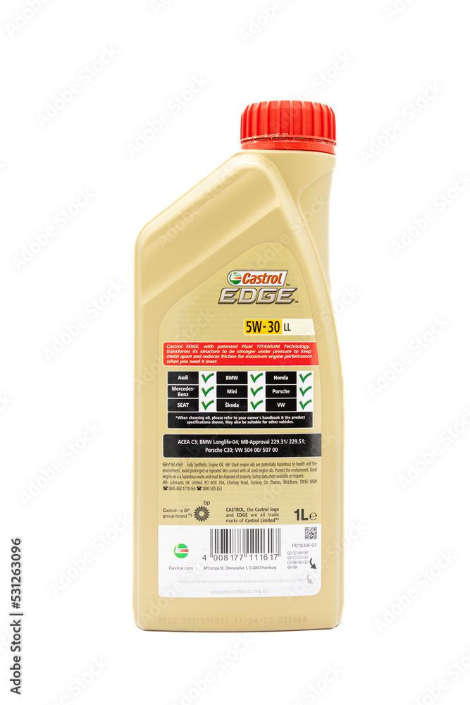 Castrol Branded Edge 5W30 motor oil in plastic container and top that