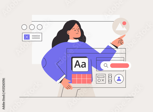 Woman working on web and application development on computers. Woman character working on website or application, ui ux design and programming. Flat vector style illustrations.