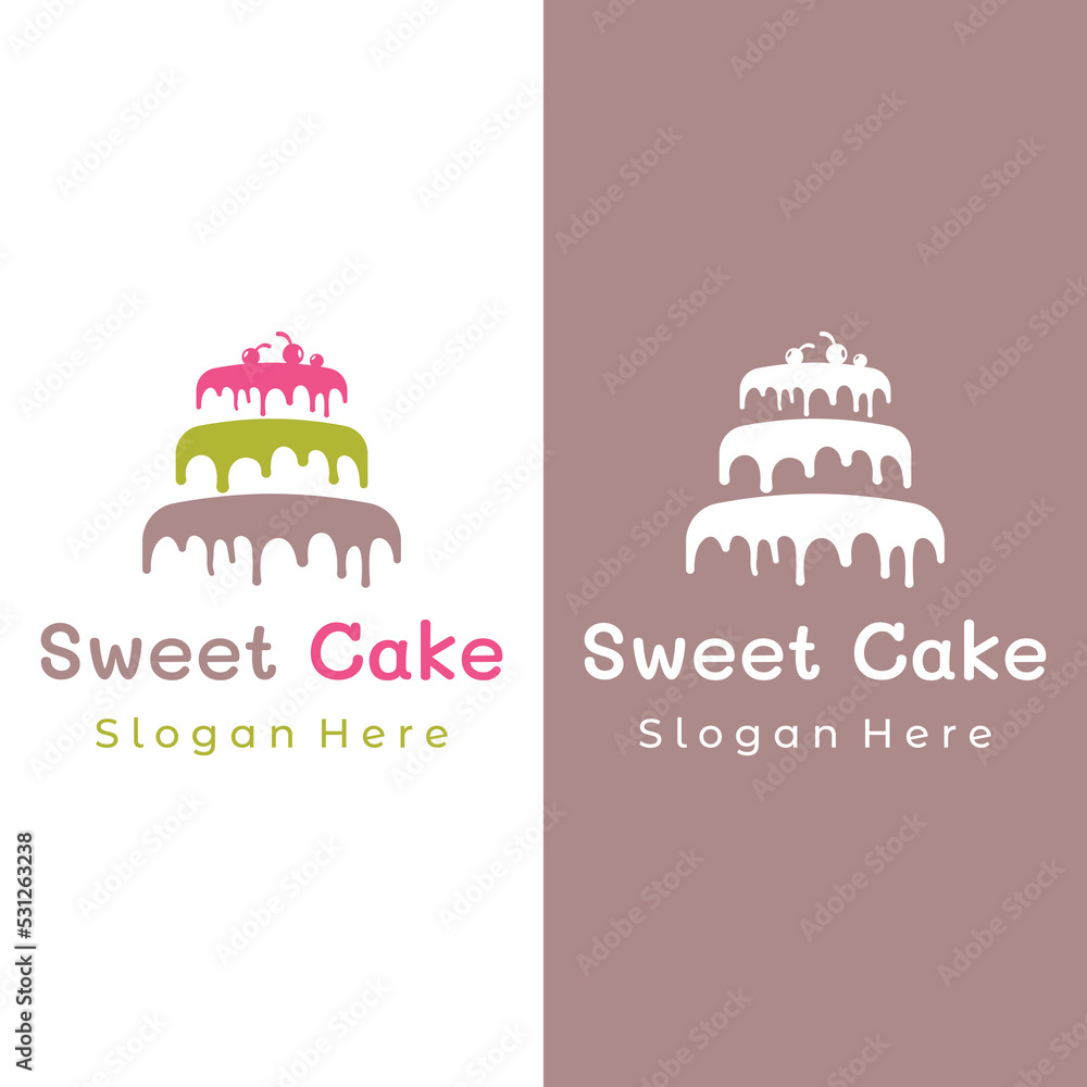 Cake or bakery logo template vector design.Sweet cake, birthday cake, cup cake, cake with cherries. Logo for business, cake shop, cake shop etc.