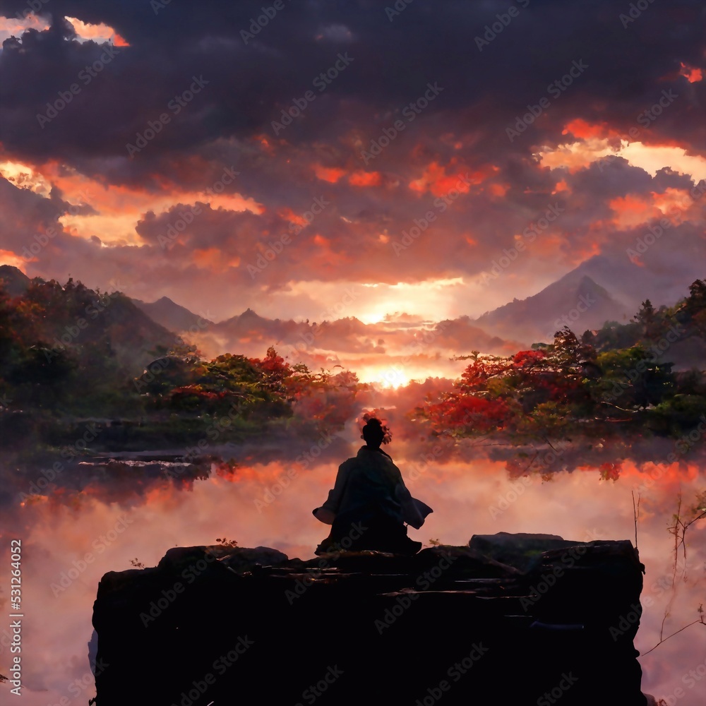 Miyamoto Musashi meditating while seeing sunset, Anime style, Landscape ...