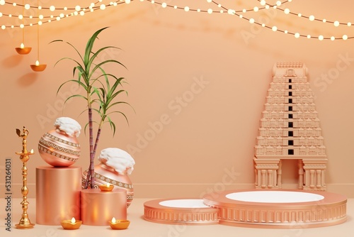 3d render of Happy Pongal Holiday Harvest Festival of Tamil Nadu South India, product display background