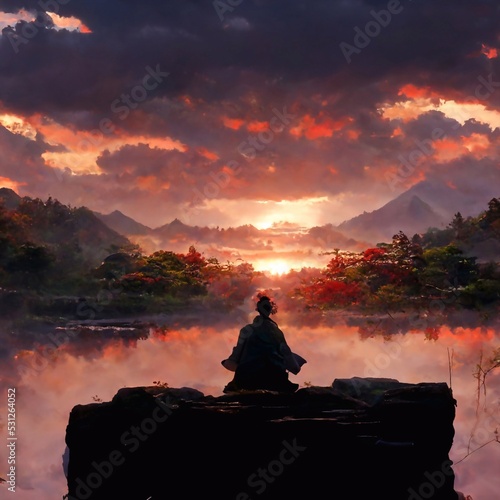 Fotografie, Obraz Miyamoto Musashi meditating while seeing sunset, Anime style, Landscape, beautif