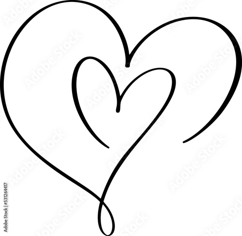 Calligraphic love two hearts logo sign. Vector Romantic illustration symbol pairs, passion and wedding. Calligraphy Design flat element of valentine day. Template greeting card, invitation