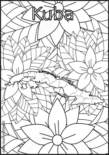 Schwarze und weiße Blume mit der Landkarte Kuba in der Mitte. Muster für Erwachsene Färbung Buch. Doodle floral Zeichnung. Kunsttherapie Färbung Seite