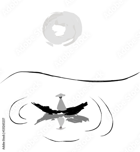 Chinese style black and white ink painting. Traveler on the boat at the lake illustration. 