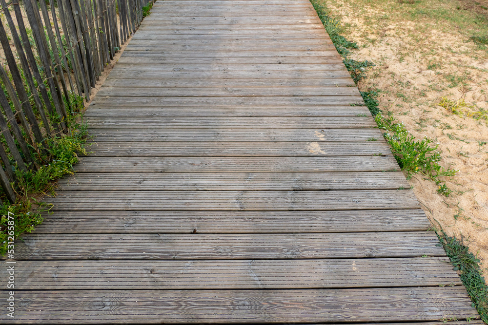Old wooden plank footbridge leads over the dune