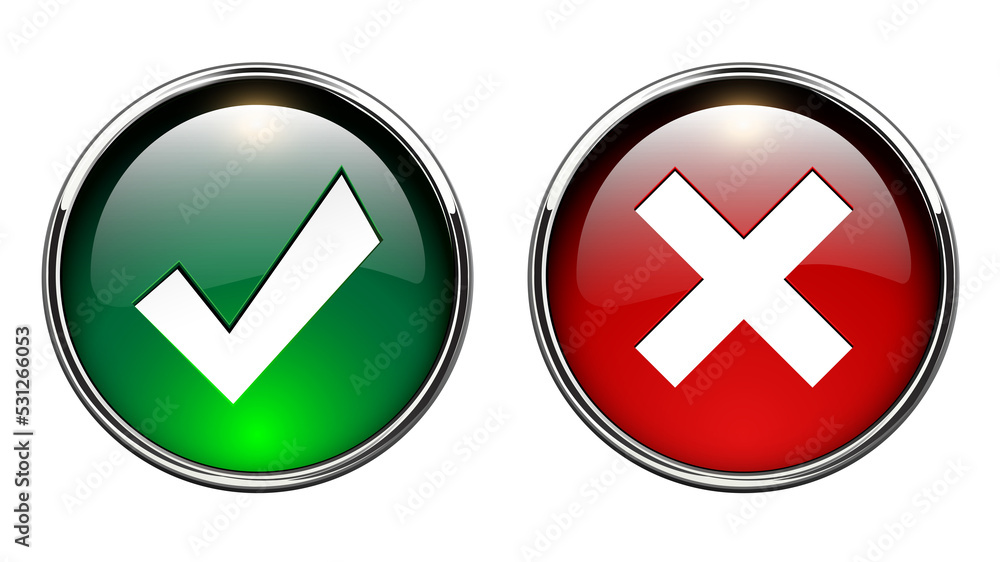Accept, reject green and red icons, 3d buttons yes no isolated. Accept, reject green and red icons, 3d buttons yes no isolated.