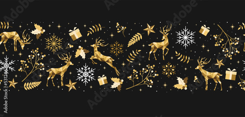 Golden Christmas seamless decoration on black background. Happy New Year and  Christmas pattern. Gold reindeer and snowflakes. Vector template  for greeting card or party invitation.