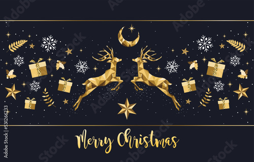 Christmas golden decoration. Happy New Year dark blue background. Gold Xmas jumping  reindeer, stars, gifts and  snowflakes. Vector template for greeting card.