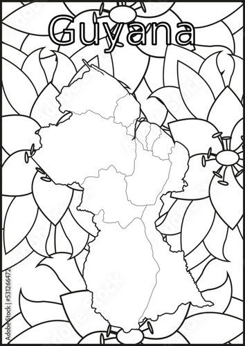 Schwarze und weiße Blume mit der Landkarte Guyana in der Mitte. Muster für Erwachsene Färbung Buch. Doodle floral Zeichnung. Kunsttherapie Färbung Seite