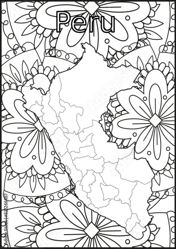 Schwarze und wei  e Blume mit der Landkarte Peru in der Mitte. Muster f  r Erwachsene F  rbung Buch. Doodle floral Zeichnung. Kunsttherapie F  rbung Seite