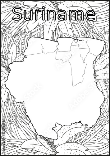 Schwarze und weiße Blume mit der Landkarte Suriname in der Mitte. Muster für Erwachsene Färbung Buch. Doodle floral Zeichnung. Kunsttherapie Färbung Seite