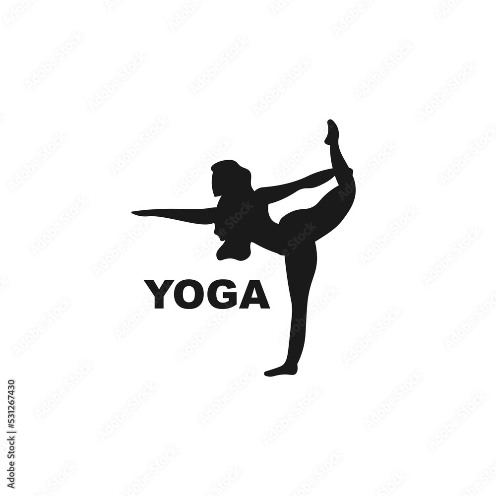 Naklejka premium Woman doing yoga logo. Stretching icon, sign or symbol. Simple black vector silhouette illustration.