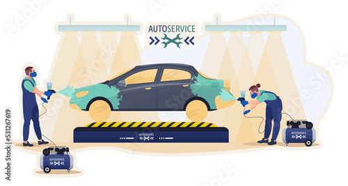 Mechanics painting a car of the client in the workshop.  Change color of the car. Car repair service. Flat vector illustration.
