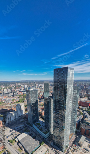 Manchester City Centre Drone Aerial View Above Building Work Skyline Construction Blue Sky Summer Beetham Tower Deansgate Square Glass Towers.
