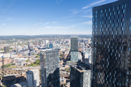 Leinwand Poster Manchester City Centre Drone Aerial View Above Building Work Skyline Construction Blue Sky Summer Beetham Tower Deansgate Square Glass Towers