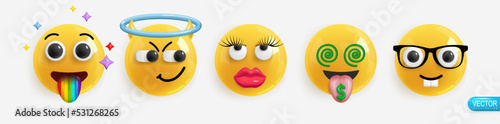 Emotion Realistic 3d Render. Set Icon Smile Emoji. Vector yellow glossy emoticons.