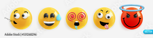 Emotion Realistic 3d Render. Set Icon Smile Emoji. Vector yellow glossy emoticons.