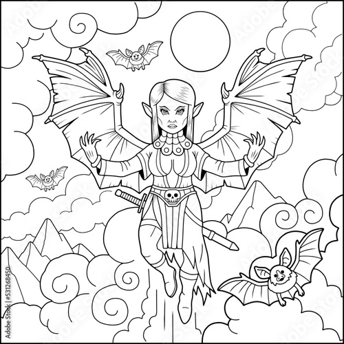 mythological vampire queen, coloring book, outline illustration