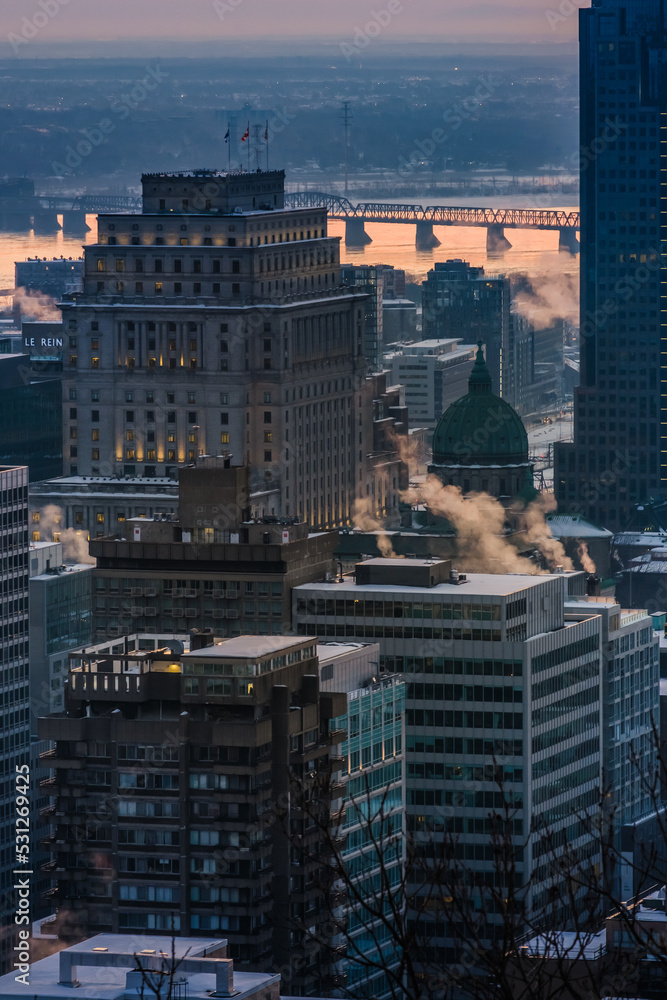 Fototapeta premium View on the Montreal skyline at sunrise on a cold winter day from the Mount Royal (Quebec, Canada)