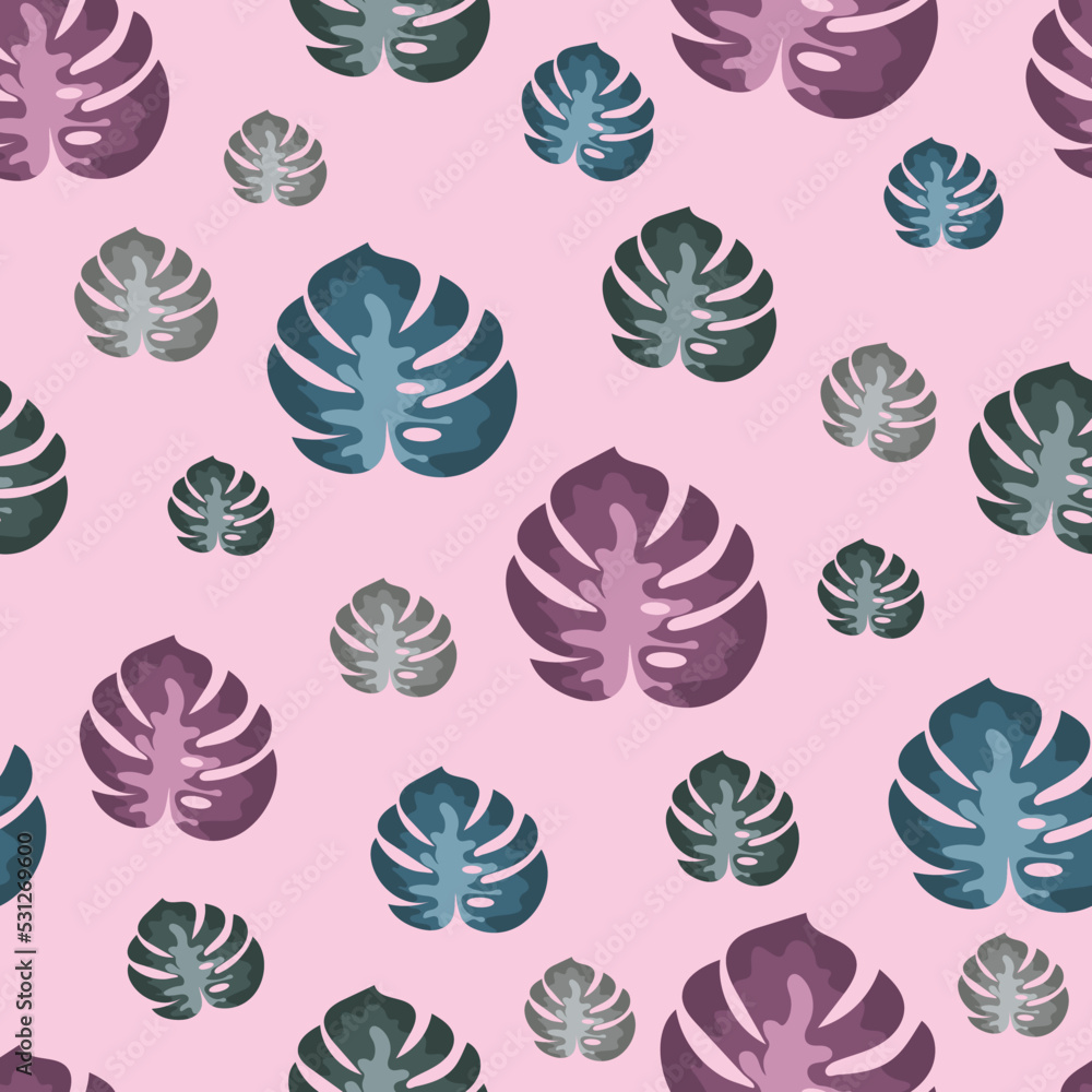A seamless pattern of tropical palm leaves on a pink background A seamless pattern of tropical palm leaves on a pink background