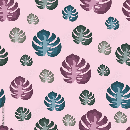 A seamless pattern of tropical palm leaves on a pink background