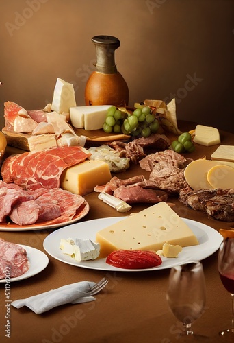 meat and cheese charcuterie board on a wooden table 3d illustration