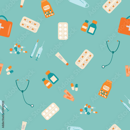 Medicine vector seamless pattern. Healthcare illustration for children. Doctor tools.