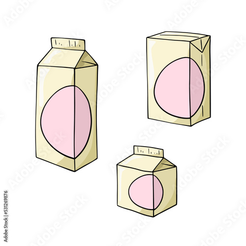 A set of colored icons, a square package of milk, kefir, a space for copying, vector cartoon