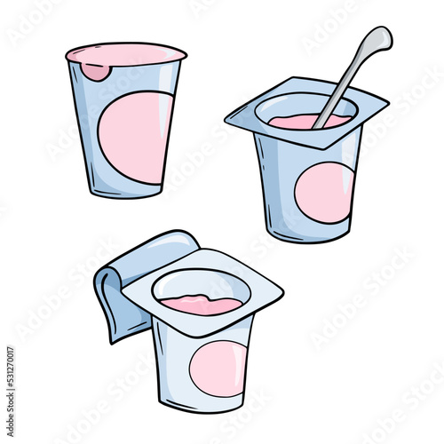 A set of colored icons, a small plastic jar with pink fruit yogurt and a spoon, a copy space, cartoon vector