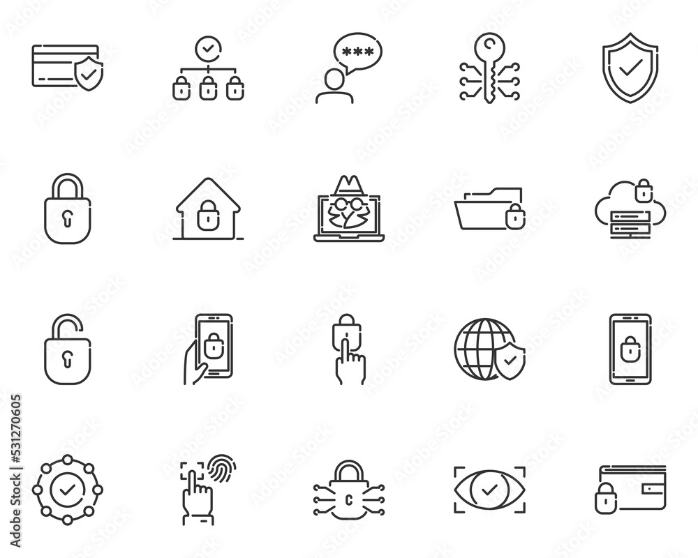 set of security line icons, cyber security, protect set of security line icons, cyber security, protect