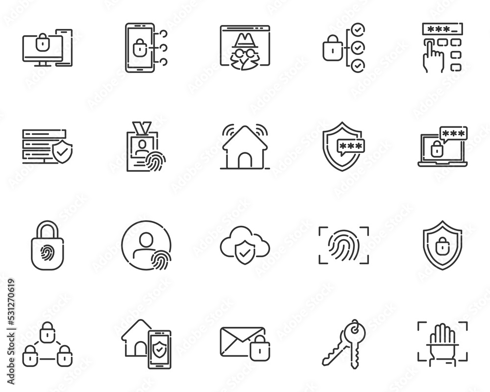 set of security line icons, cyber security, protect