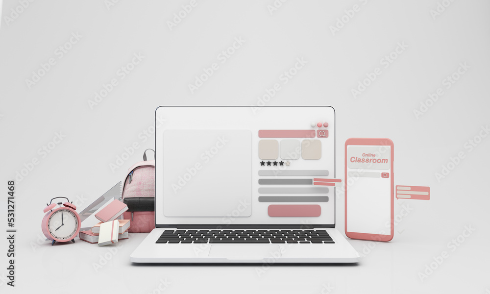 Back to school join to online learning with school supplies and equipment. laptop computer screen with phone and school accessories and textbooks on pink and white background. cartoon -3D Rendering Back to school join to online learning with school supplies and equipment. laptop computer screen with phone and school accessories and textbooks on pink and white background. cartoon -3D Rendering