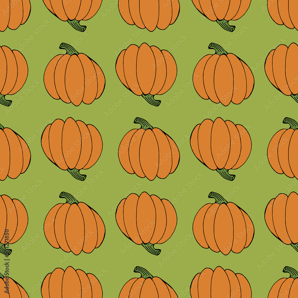 Seamless pattern with orange pumpkin on green background. Vector image.