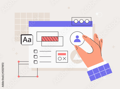 User interface developmen. Hand working on website or application, programming, ui ux design. Usability testing, experience design. Flat vector style illustrations.