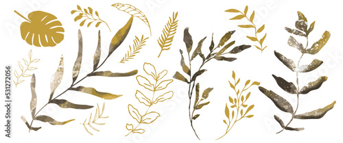 Hand drawn colorful plant set - universally usable. Botanical, chic and trendy plants. Hand drawn lines, elegant leaves for your own design. Flower branch and minimalistic modern plants.